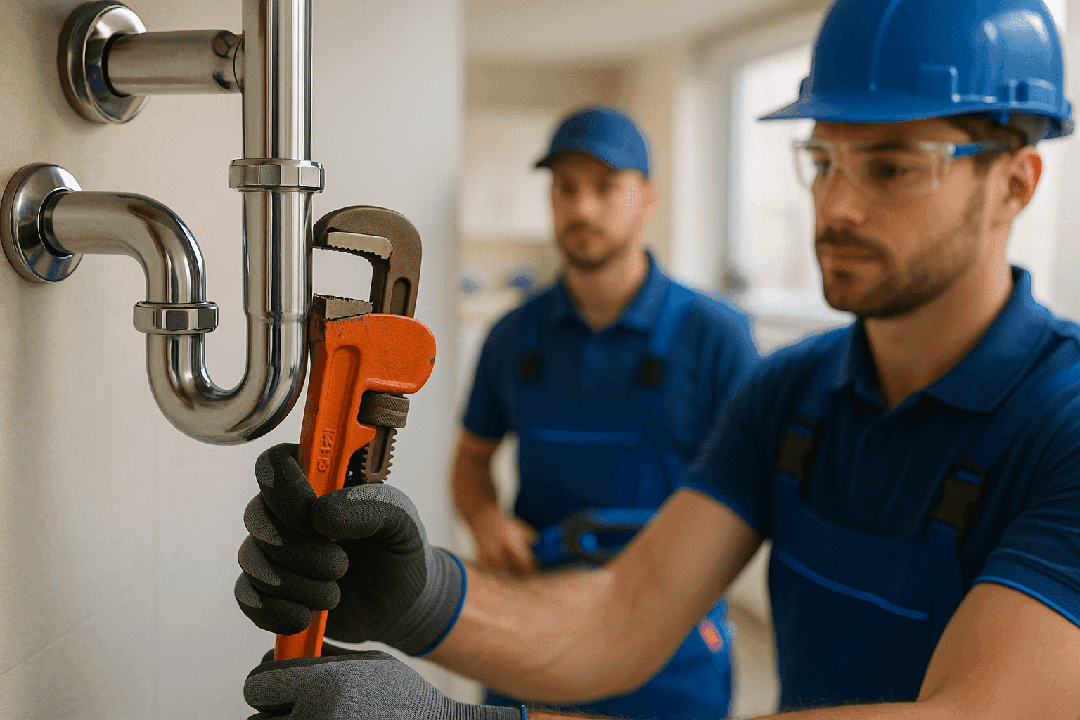 Gloved plumber using pipe wrench on metal pipes in clean residential or commercial site