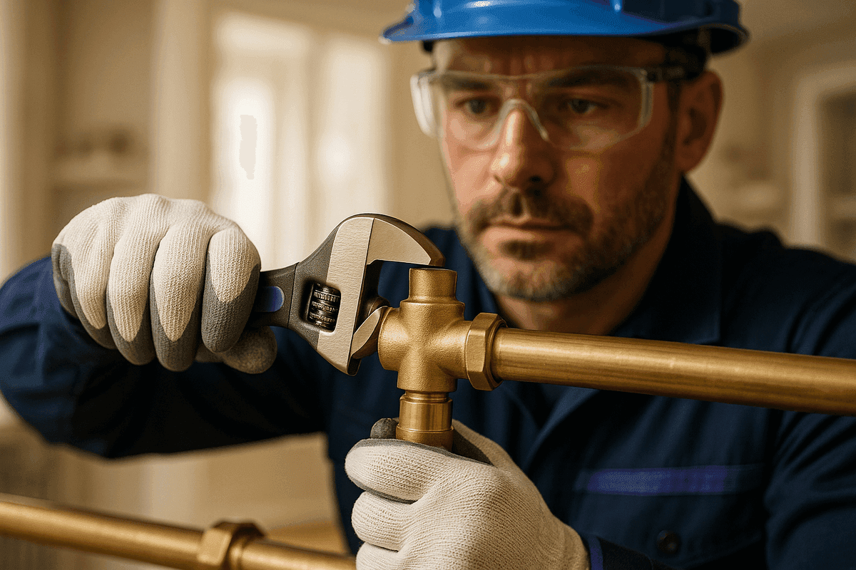 Plumber's gloved hands adjusting brass pipe fitting with wrench in organized workspace